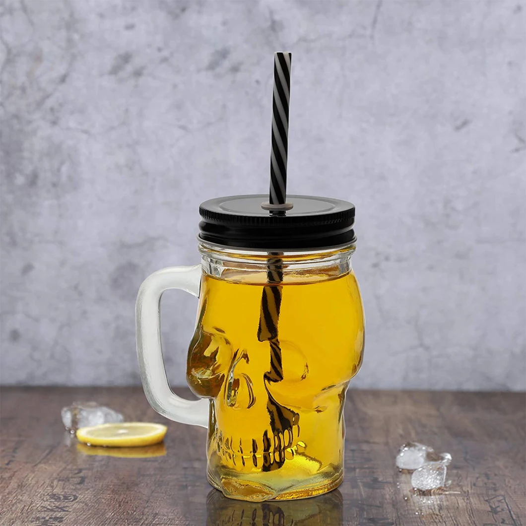 Wholesale High Quality 12oz 480ml Skull Glass Mason Jar Mug Jug with Handle with Straw for Jucie Ice Water Beer Bar and Home Bar Drinking