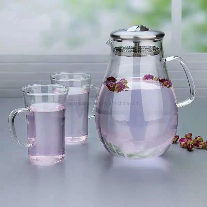 Glass Tea Pot Drinking Pitcher Stainless Steel Lid Lemon Fruit Water Pot Set Beverage Water Jug