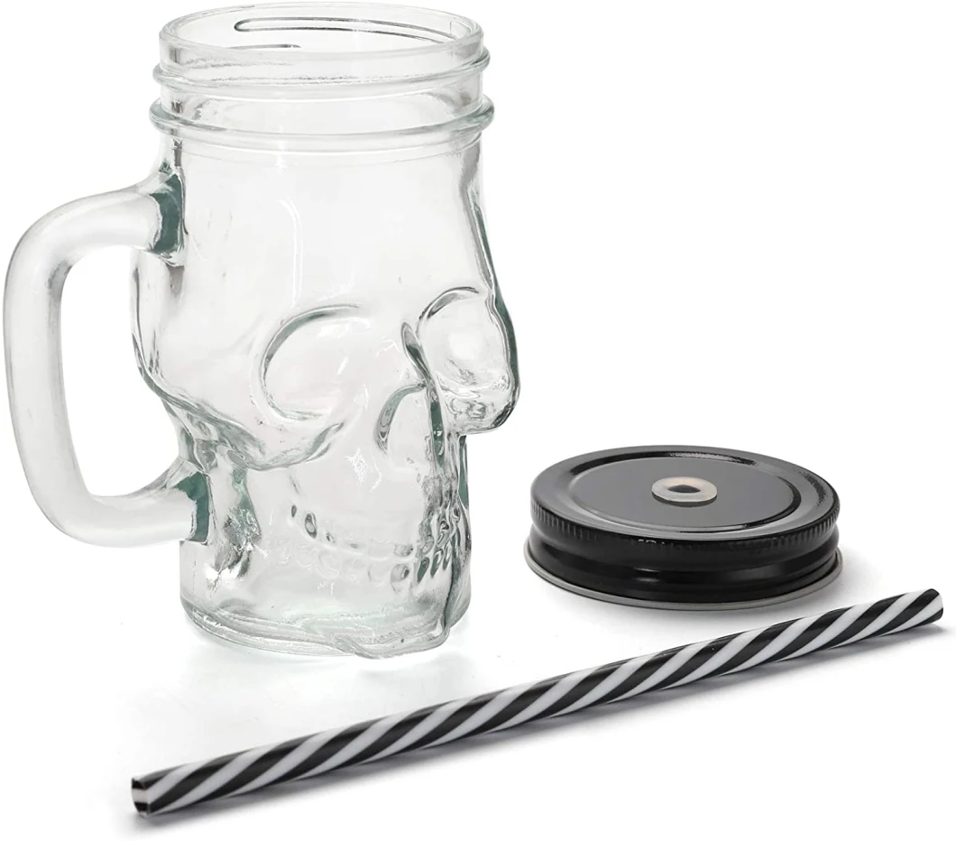 Wholesale High Quality 12oz 480ml Skull Glass Mason Jar Mug Jug with Handle with Straw for Jucie Ice Water Beer Bar and Home Bar Drinking