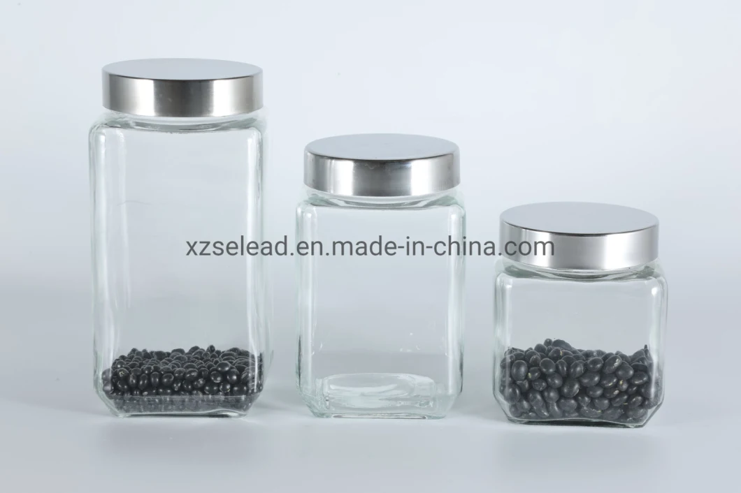 Square Glass Kitchen Canisters with Stainless Steel Lids