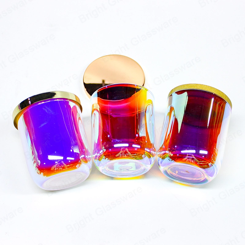 Luxury Iridescent Candle Jar Unique Holographic Glass Candle Holder with Metal Lid