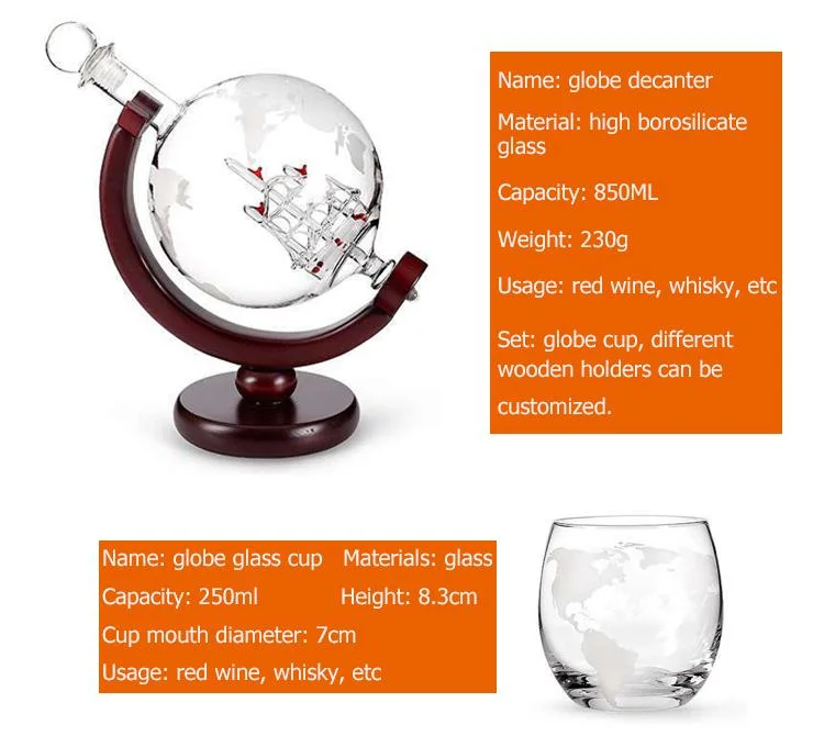 Wholesale Glass Bottle Wine Liquor Globe Whisky Decanter with Wood Base with 2 Cups