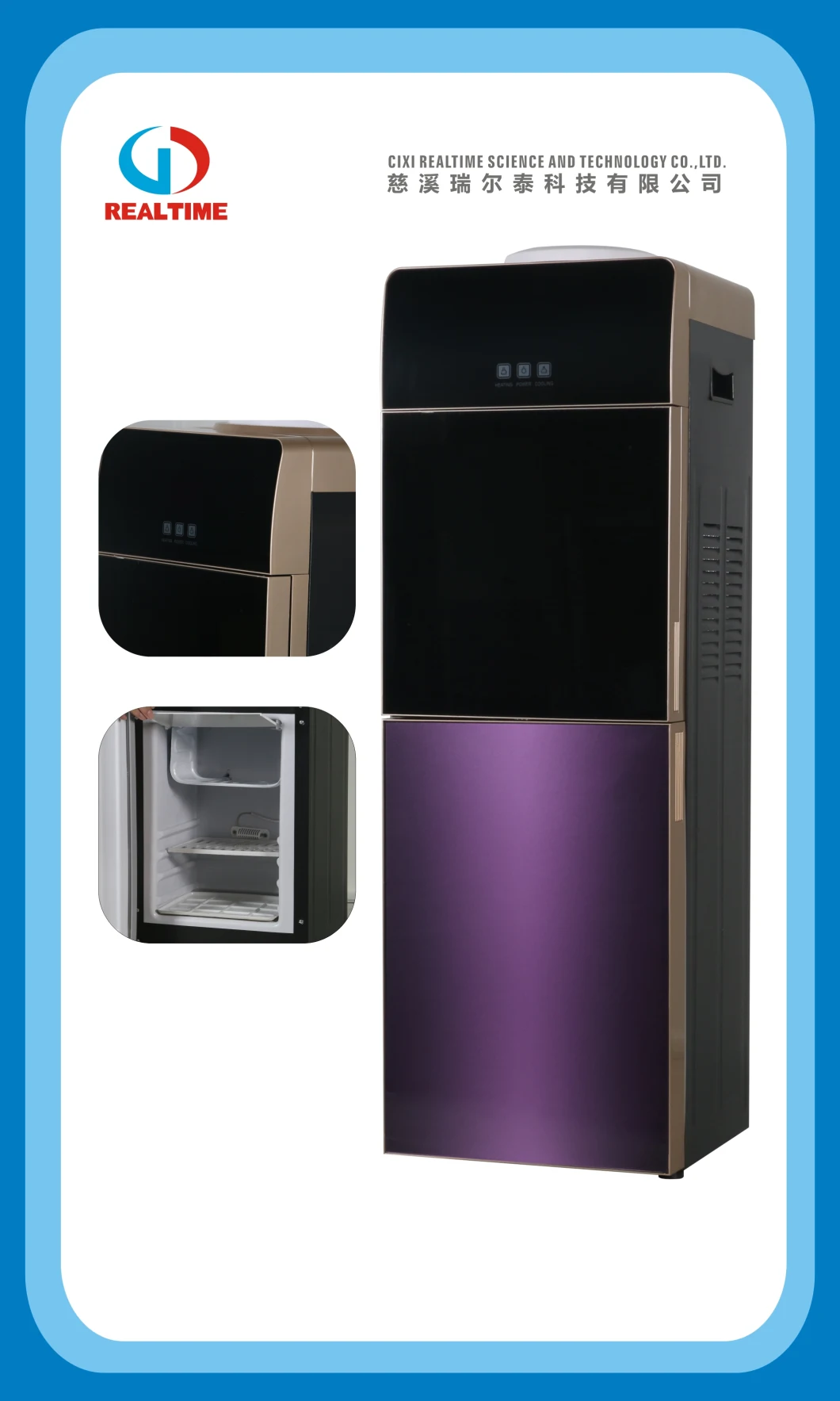 Hot and Cold Compressor Cooling Tempered Glass Water Dispenser with Fridge