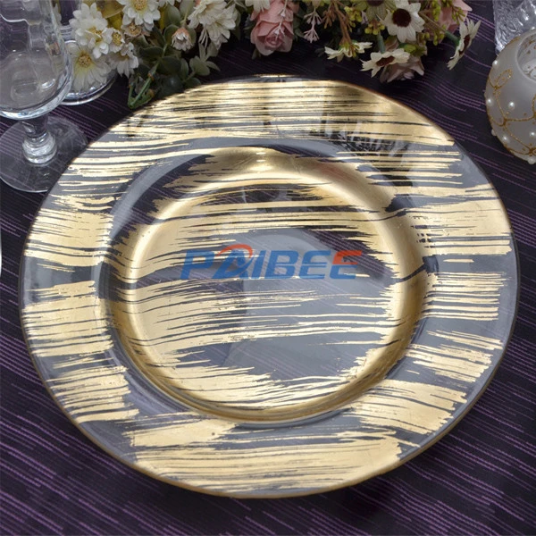 Gold Foil Glass Charger Plate Glassware Decor for Wedding & Event Rental Glass Dinner Plate