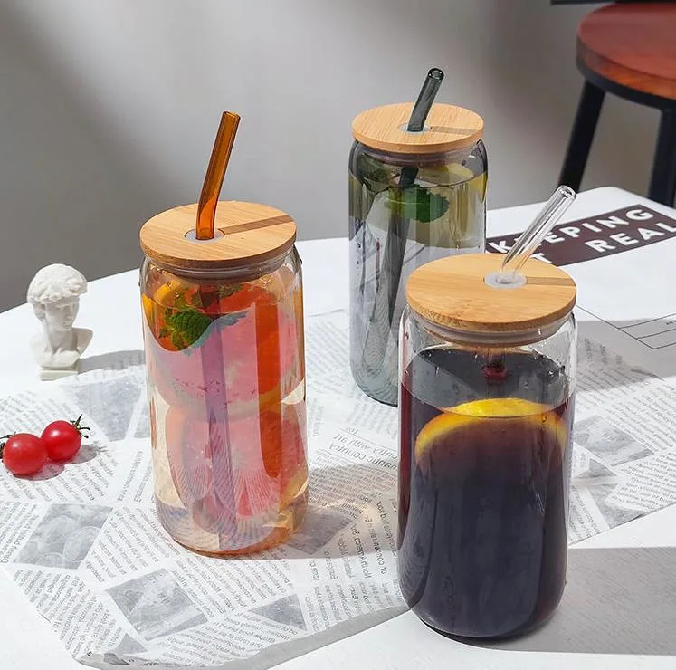 Reusable Glass Coffee Tumbler with Bamboo Wooden Lid and Glass Straw Bubble Tea Milk Water Mug Drinking Glasses