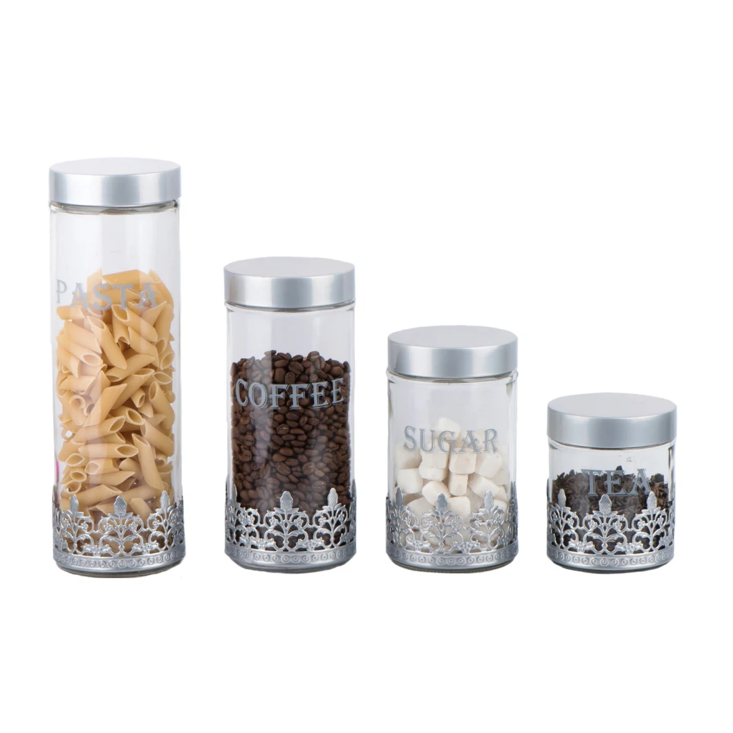 Glass Food Storage Canister for Pasta Coffee Sugar Tea with Metal Decoration