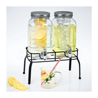 Doppio distributore di succo di vetro per bevande di acqua fredda da 1 gallone, brocca con lavagna in legno, rubinetto, contenitore per bevande, bicchieri per bevande