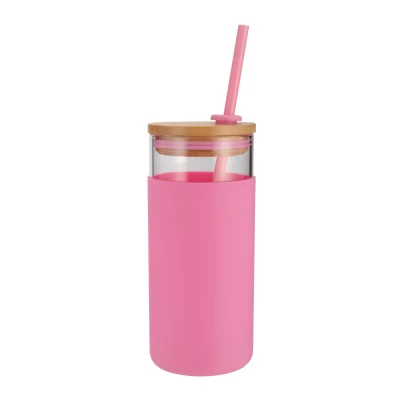 Grink 500ml Bottiglia d'acqua in vetro isolante con coperchio in bambù di alta qualità Tazza per acqua in vetro con custodia in silicone rosa