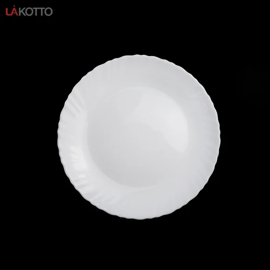 Piatto di vetro Vetro opale all'ingrosso Nuovo piatto classico personalizzato per ristorante in cartone piatto fondo rotondo minimalista con incisione