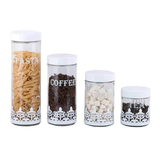 Contenitore per alimenti in vetro per pasta, caffè, zucchero, tè con decoro in metallo