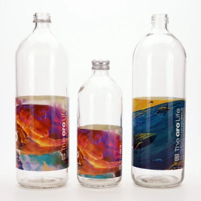 Vista 500ml Bottiglia da acqua rotonda in vetro Flint da 1000 ml con stampa di etichette