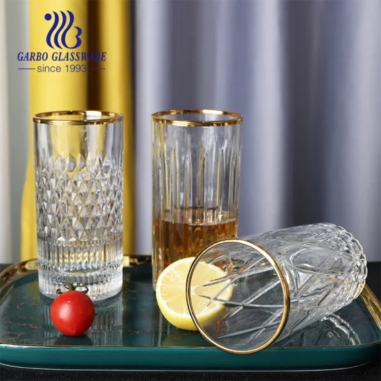 Bicchiere in vetro highball da 14 once, vetreria incisa con bordo dorato, bicchiere in vetro per succhi di bevande di vendita calda, bicchieri in vetro a forma mista